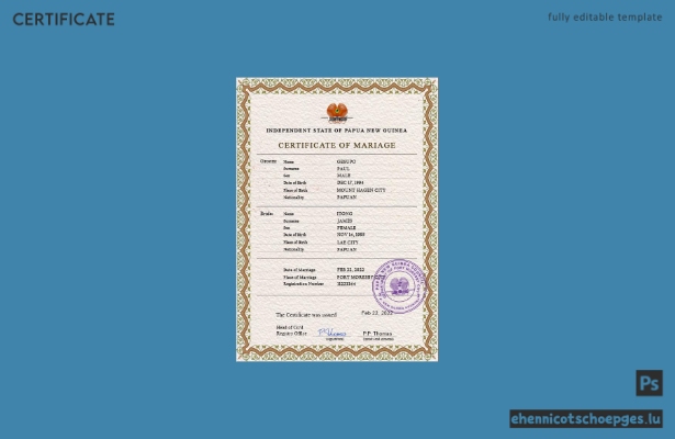 Vorschau einer PSD-Beispieldatei für eine Heiratsurkunde aus Papua-Neuguinea